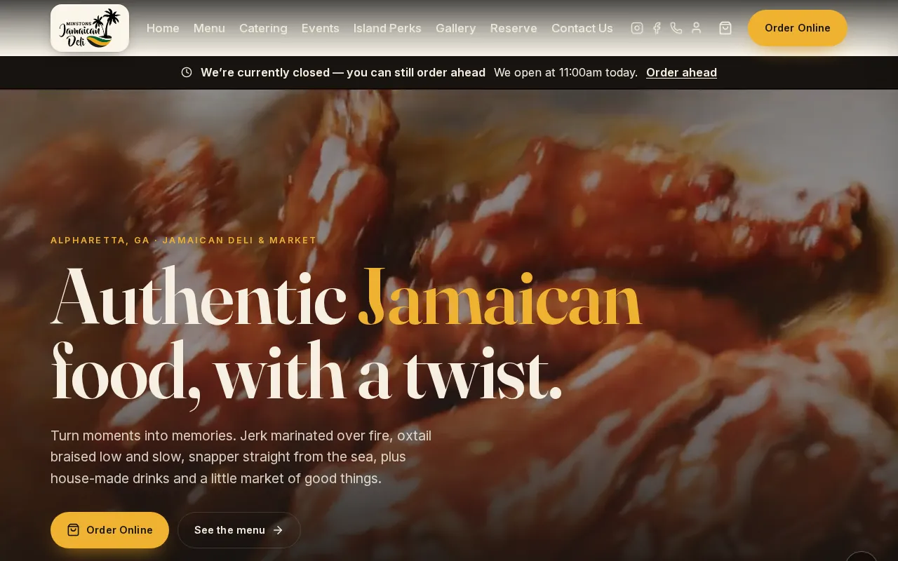 The Minston's Jamaican Deli website we built, with Order Online and See the menu buttons