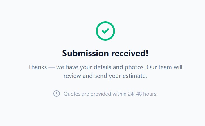 Submission confirmation shown to the customer