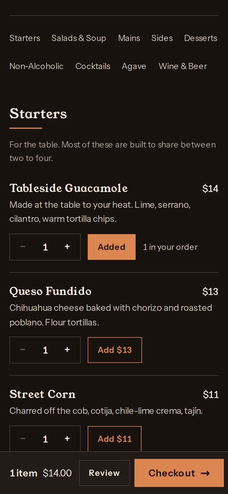 A restaurant menu on a phone with one dish added and a checkout button