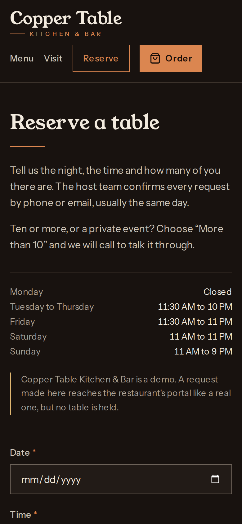 A reserve a table page on a phone with opening hours and a date field