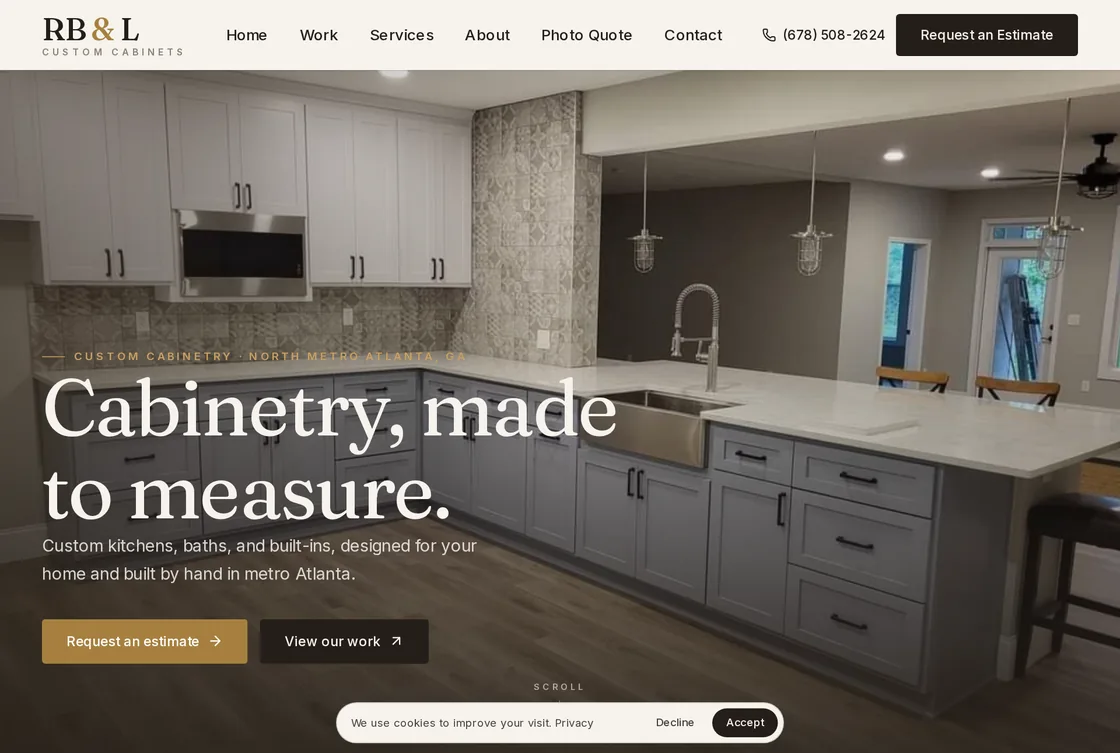 The RBL Custom Cabinets website, built on MinerOp